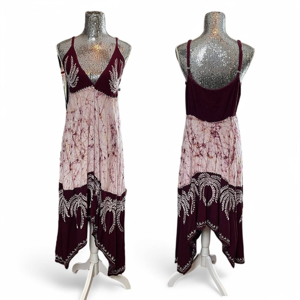 Boho Embroidered Maxi Dress Burgundy Tie Dye Sharkbite‎ Hem Sleeveless Party OS
